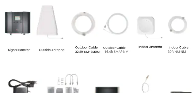 Package contents including signal booster, antennas, and cables.