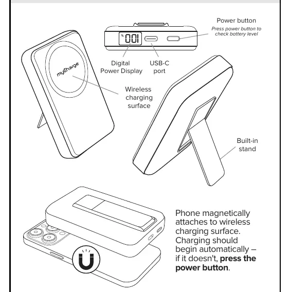 Product features including power button, digital display, USB-C port, and built-in stand.