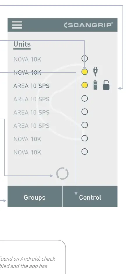Main interface for scanning and selecting lamps.