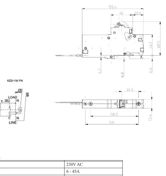 Physical dimensions and wiring schematic of the RCBO