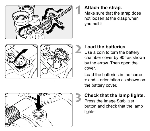 Steps for attaching the strap and loading batteries.