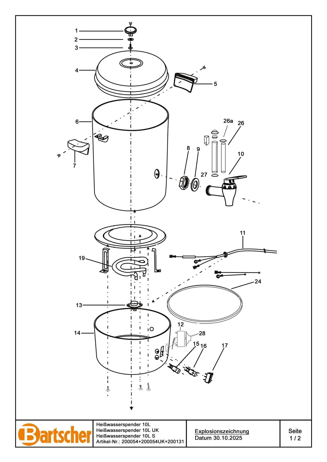 Exploded view diagram of the Bartscher 10L Hot Water Dispenser.