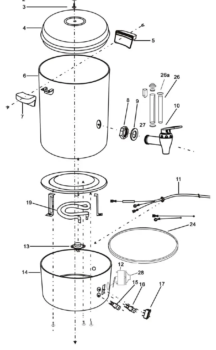 Exploded view of the Bartscher 10L Hot Water Dispenser