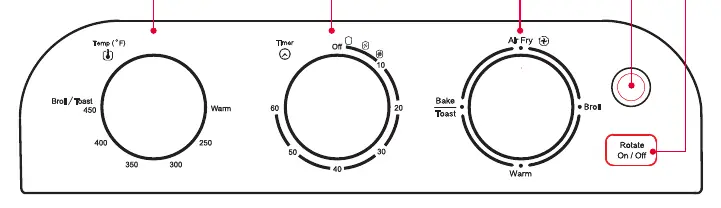 Control panel layout showing Temperature, Timer, and Function dials.
