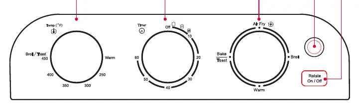 Control panel layout showing Temperature, Timer, and Function dials.