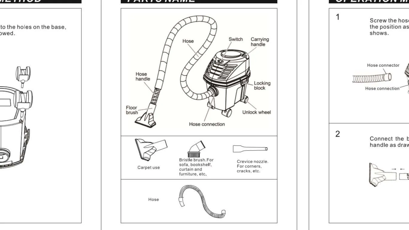 Parts diagram showing the vacuum components and accessories.