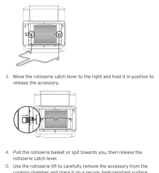 Removing the rotisserie basket or spit using the rotisserie lift.