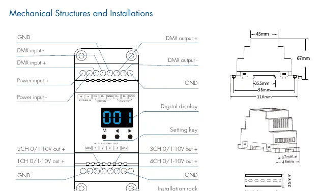 Mechanical structure and DIN rail mounting dimensions.