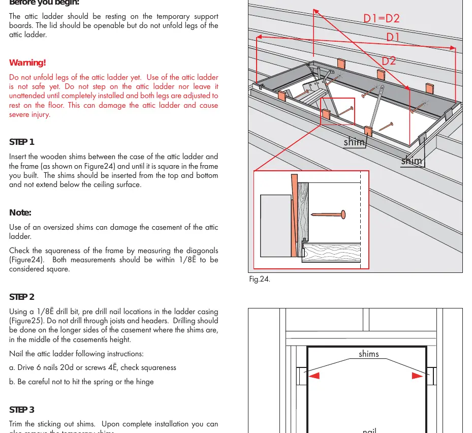 Aligning the attic ladder frame using wooden shims and checking for squareness by measuring diagonals D1 and D2.