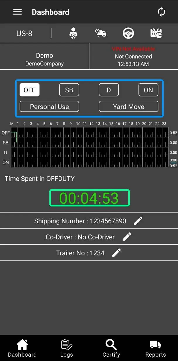 Select your current duty status from the dashboard.
