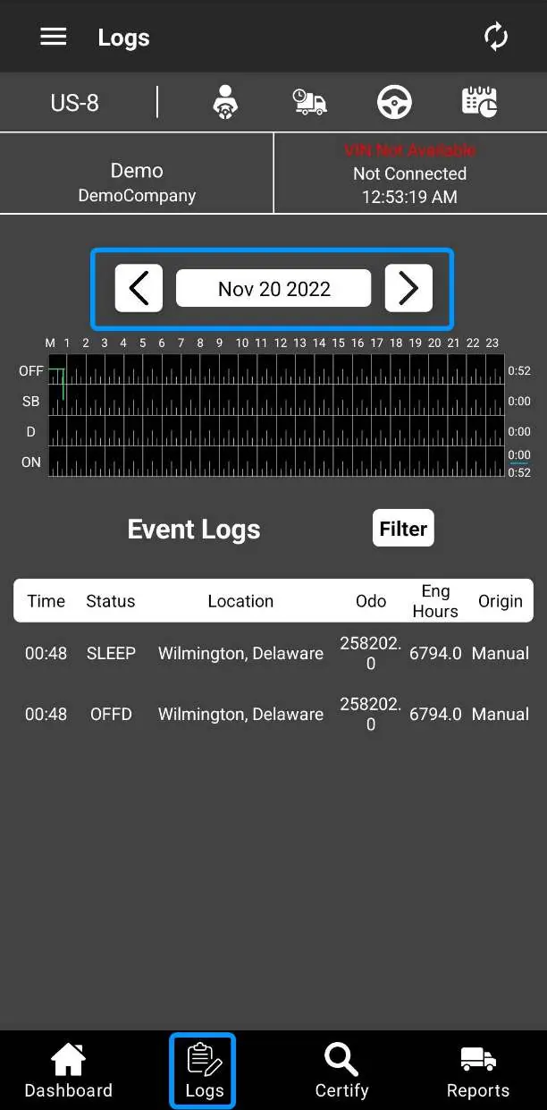 Logs tab interface for viewing event history.