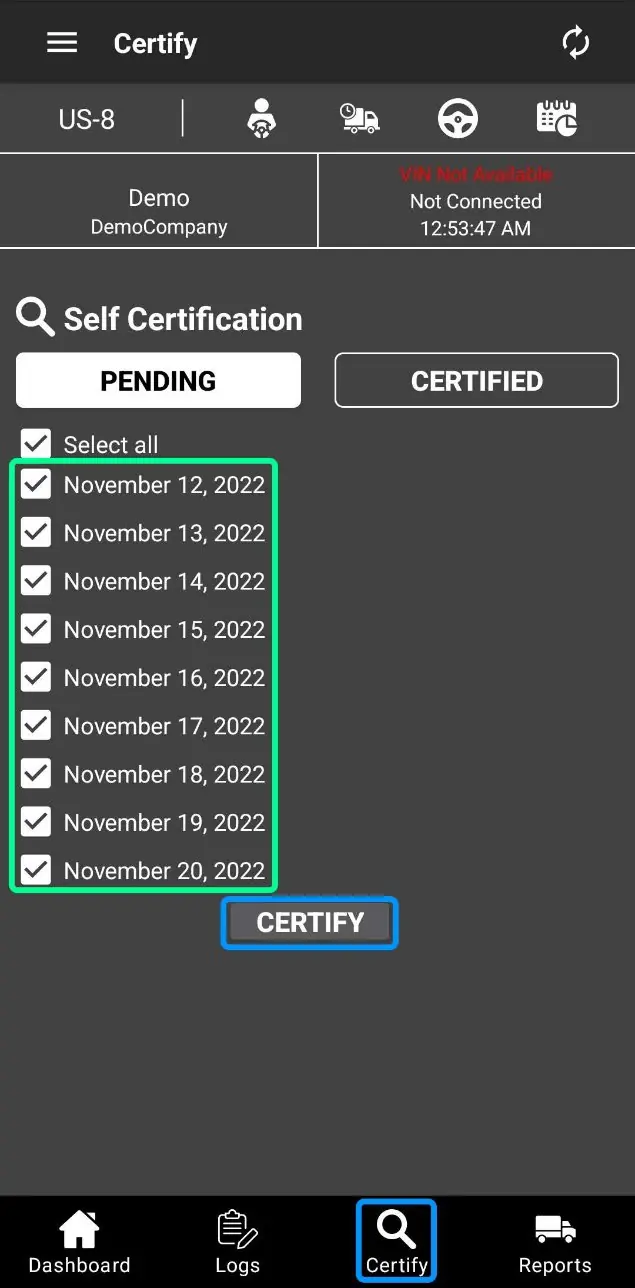 Self-Certification panel.