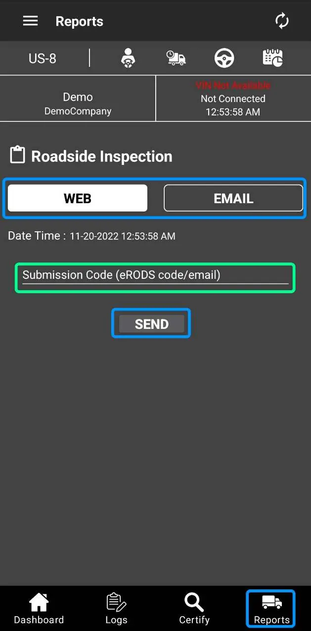 Roadside Inspection transfer screen.