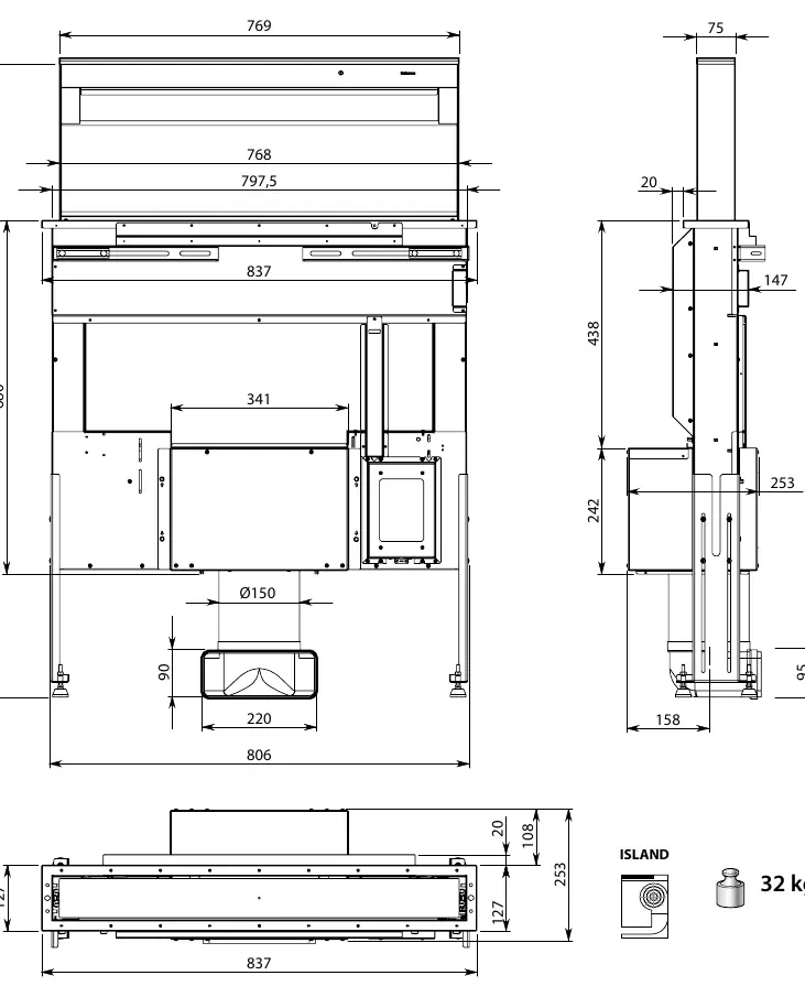 Island installation dimensions
