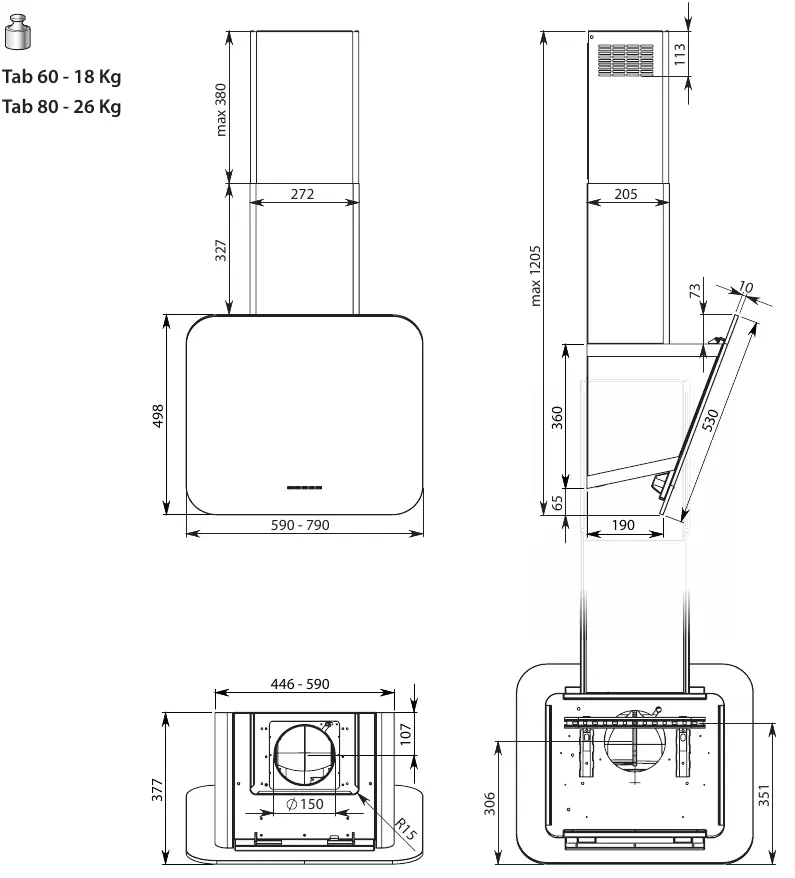 Dimensions and weight of Tab 60 and Tab 80 models.