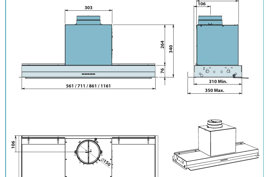 Dimensions and alternative rear outlet