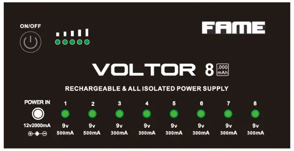 Fame Voltor 8 front panel layout showing power inputs, outputs, and indicators.