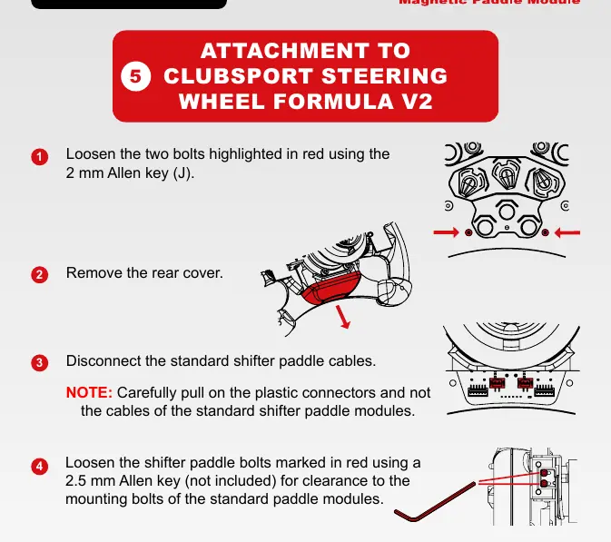 Steps to remove the existing shifter paddles from the ClubSport Steering Wheel Formula V2, including loosening the rear cover bolts, disconnecting the internal cables, and...