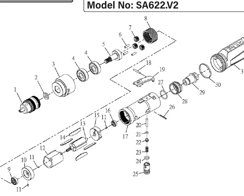 Exploded view of the Sealey SA622.V2 Air Drill