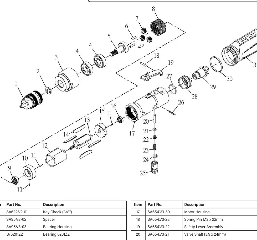 Exploded view diagram of the Sealey SA622.V2 air drill components