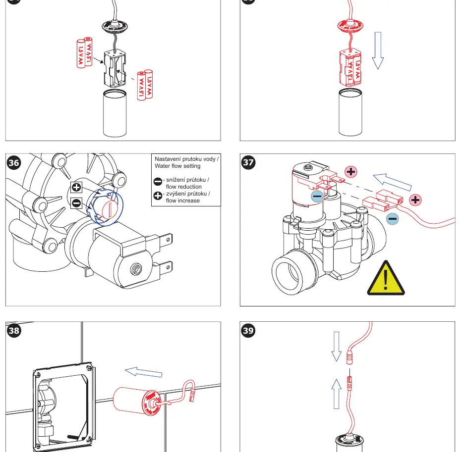 Battery installation and water flow adjustment.
