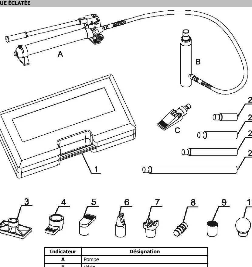 Exploded view of the hydraulic kit components