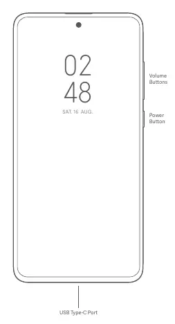 Device layout showing power button, volume buttons, and USB-C port.