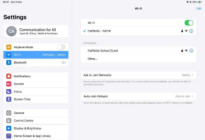 WiFi settings menu showing network selection