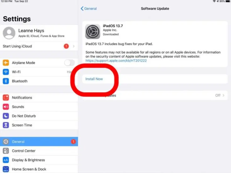 Software update screen with Install Now button