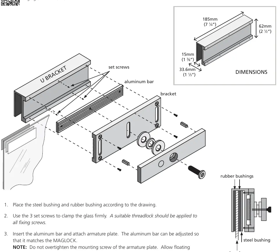 Exploded view of the U-bracket assembly and installation details.