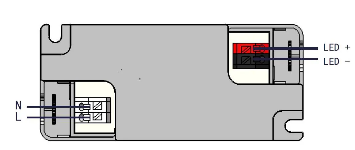Wiring diagram showing input (N, L) and output (LED+, LED-) terminals.