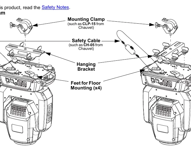 Mounting diagram showing hanging bracket, safety cable, and clamp installation.