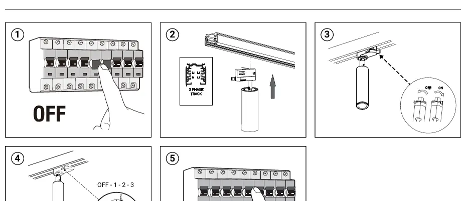 5-step installation sequence for the 3-phase track spotlight.
