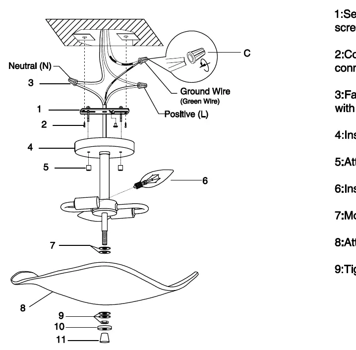 Installation and assembly diagram for the lighting fixture.