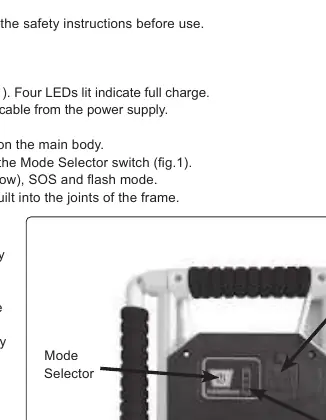 Fig. 1: Controls and indicators including USB port, mode selector, and battery level indicator.