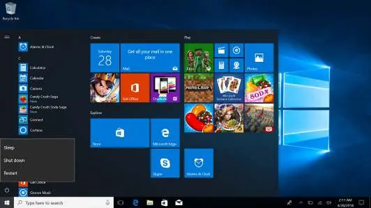 Sleep, Shut Down, and Restart menu