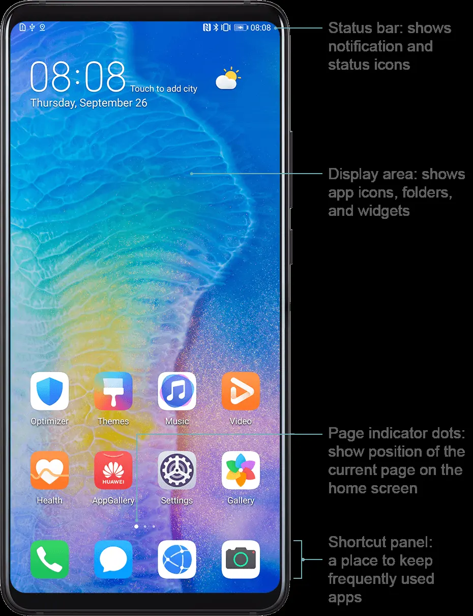 Home screen layout and status bar icons