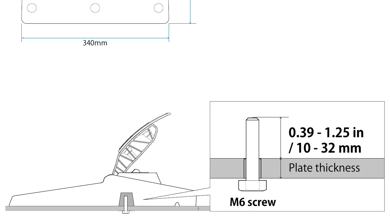 Foot pedal unit mounting diagram showing M6 bolt length calculation.