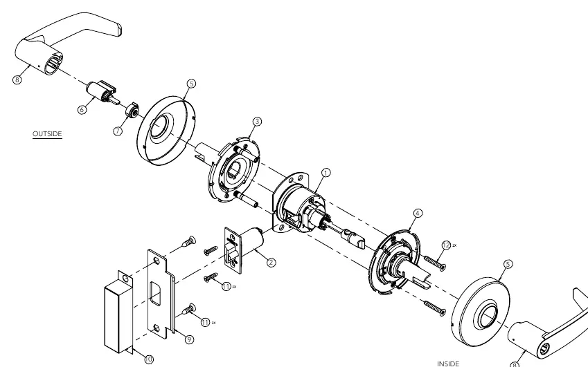 Exploded view of the 10X Line Cylindrical Lever Lock assembly.