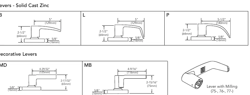 Lever styles: B, L, P, MD, MB, MW, ND.