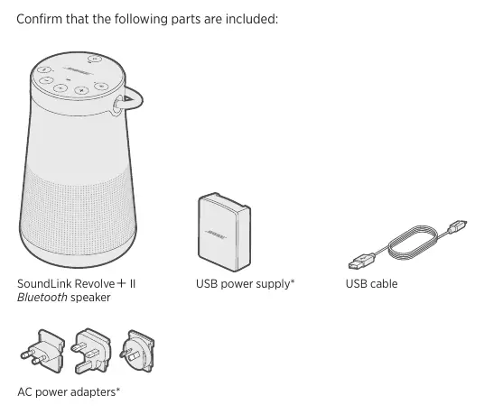 Included parts: Speaker, USB power supply, USB cable, and AC adapters.