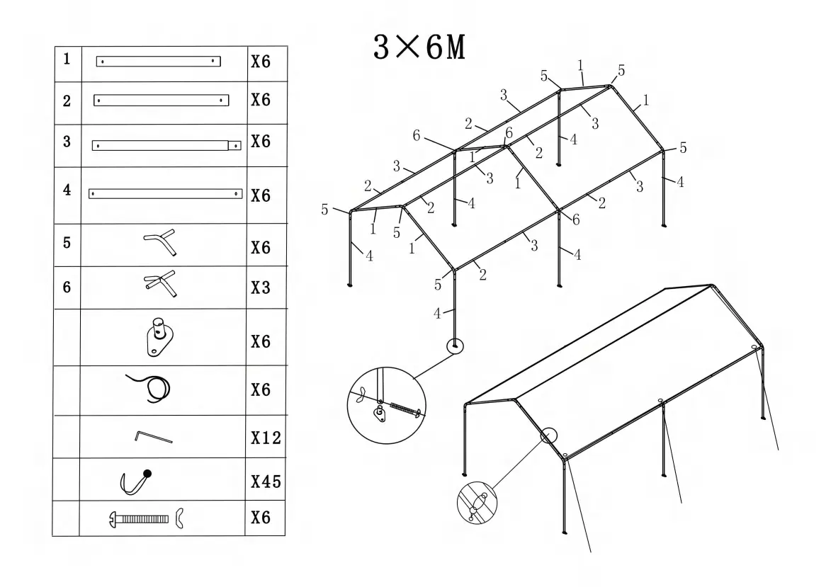 Structural assembly diagram and parts list for the 3x6M carport.
