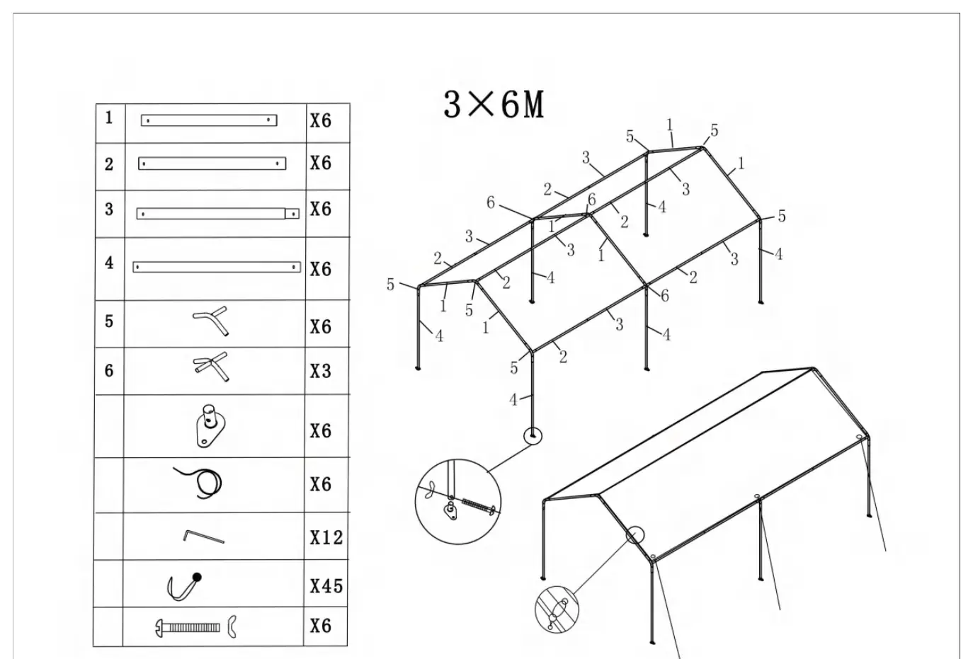 Exploded view of the 10x20FT frame assembly and parts list.