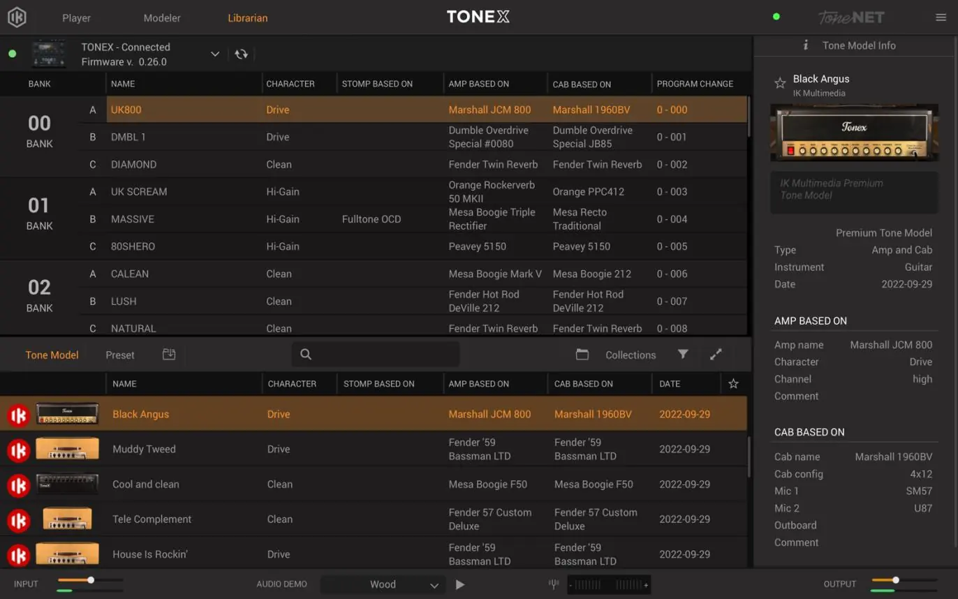 TONEX Librarian software interface