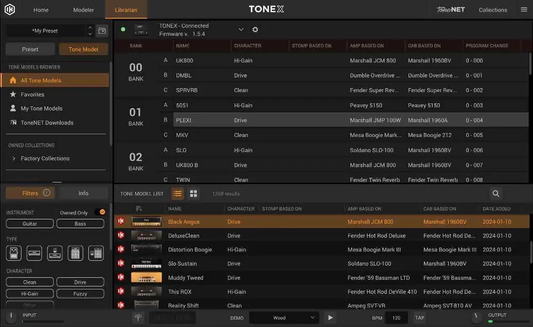TONEX Librarian interface