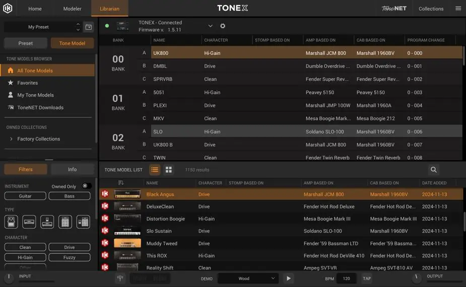 TONEX Librarian software interface