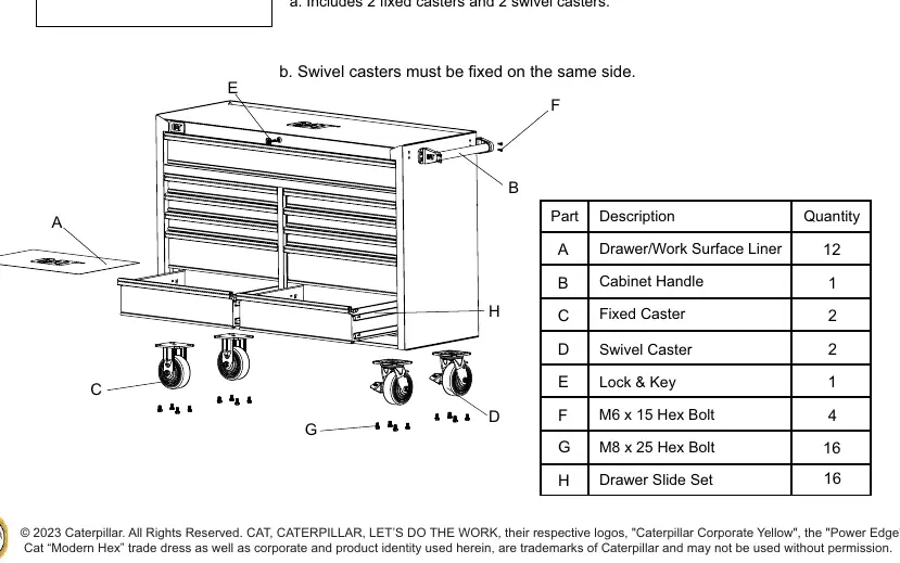 Exploded view of the cabinet assembly showing caster and handle placement.