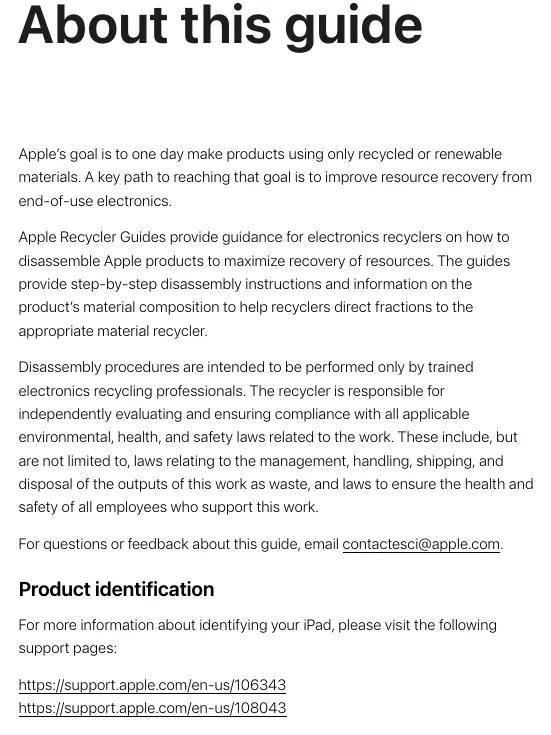 Information regarding professional disassembly and product identification resources