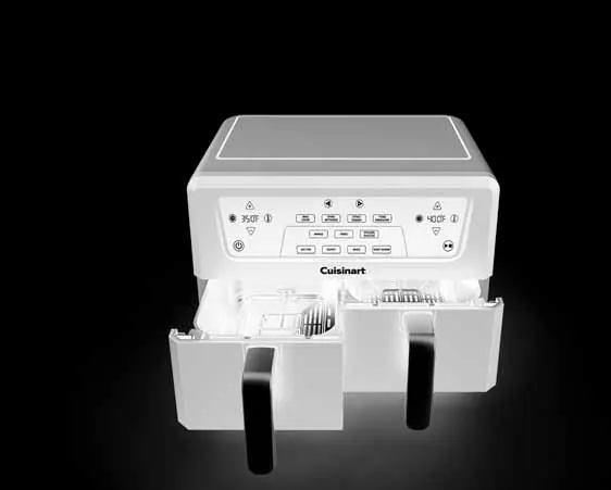 Overview of the dual-basket air fryer with both baskets inserted.
