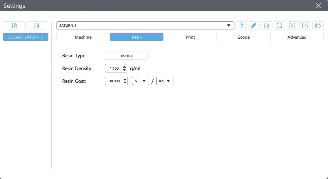 Resin parameter settings